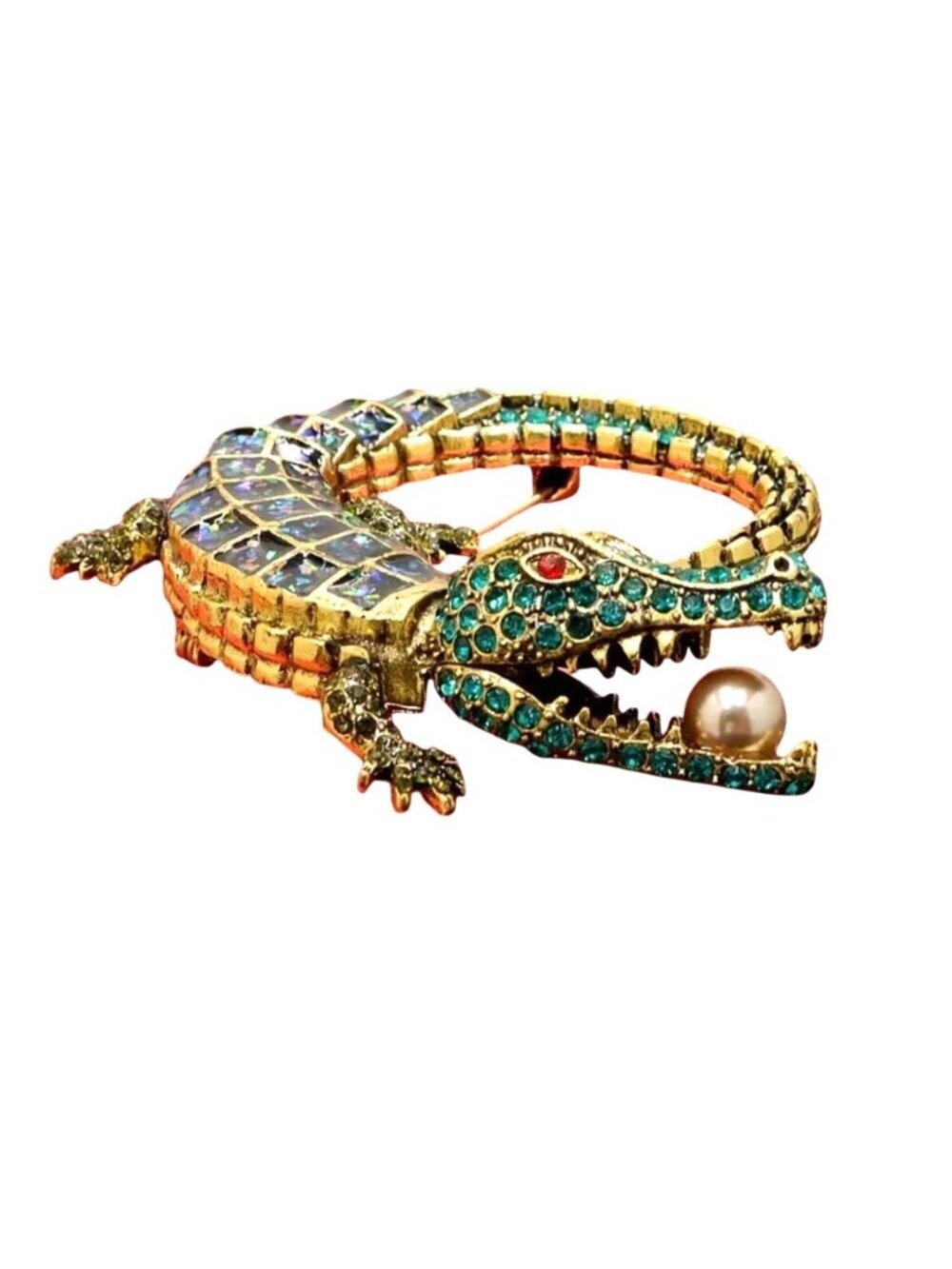 Large Alligator Brooch Multicolor Green Gold Tone with Lucky Pearl